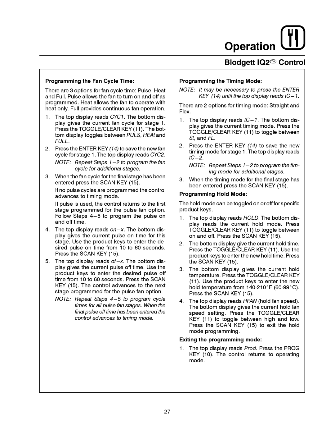 Blodgett CTB Series, CTBR Series manual Programming the Fan Cycle Time 