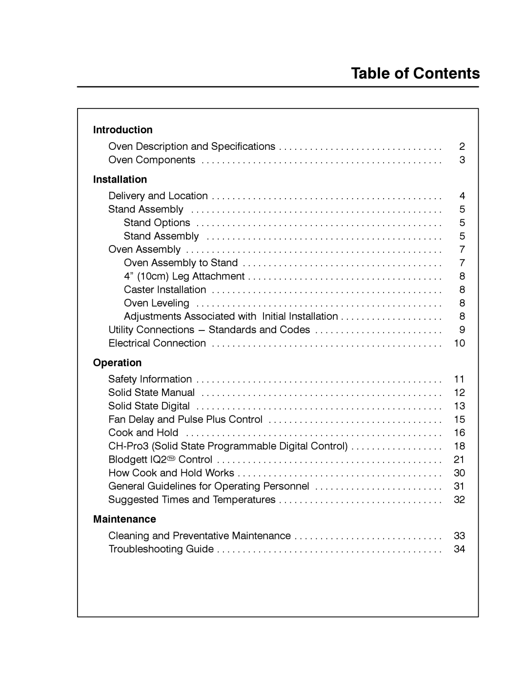 Blodgett CTB Series, CTBR Series manual Table of Contents 