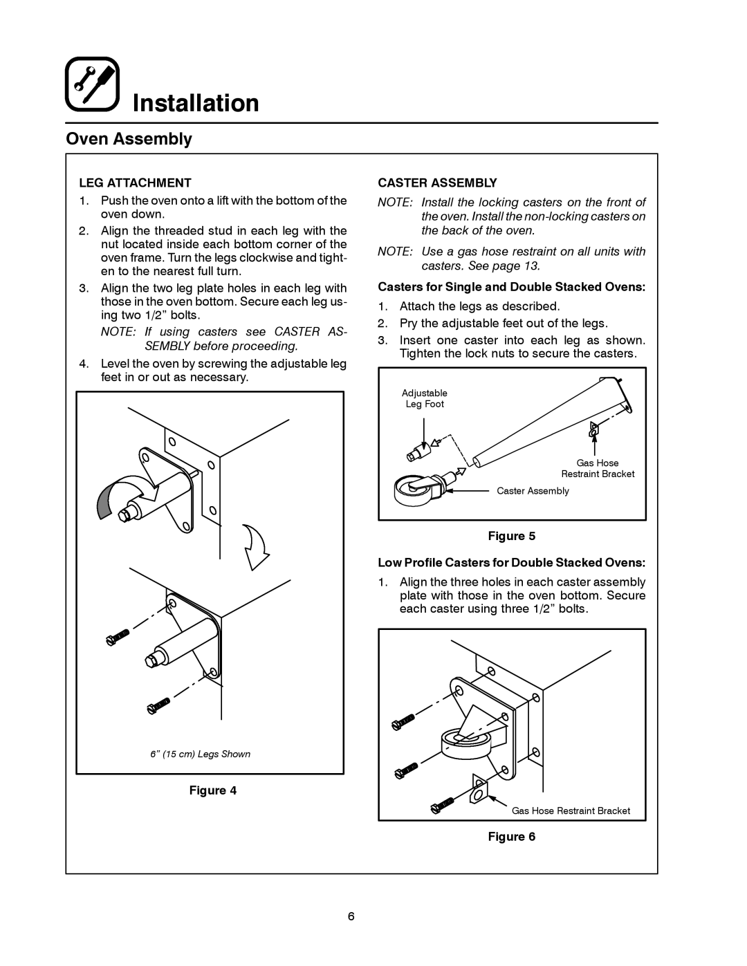 Blodgett DFG-200, DFG-100 manual LEG Attachment, Caster Assembly, Casters for Single and Double Stacked Ovens 