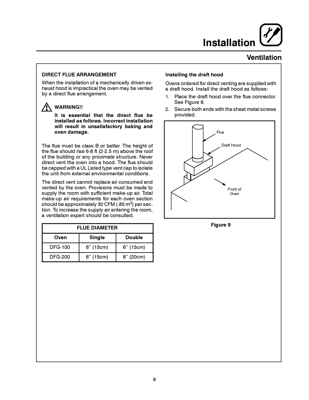 Blodgett DFG-100, DFG-200 manual Direct Flue Arrangement, Flue Diameter, Oven Single Double, Installing the draft hood 