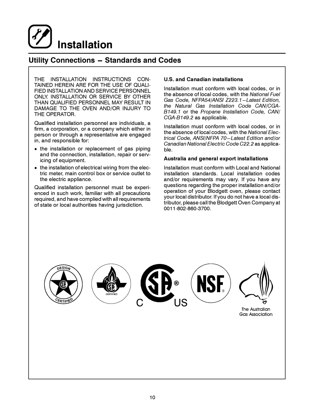 Blodgett DFG-200, DFG-100 manual Utility Connections --- Standards and Codes 