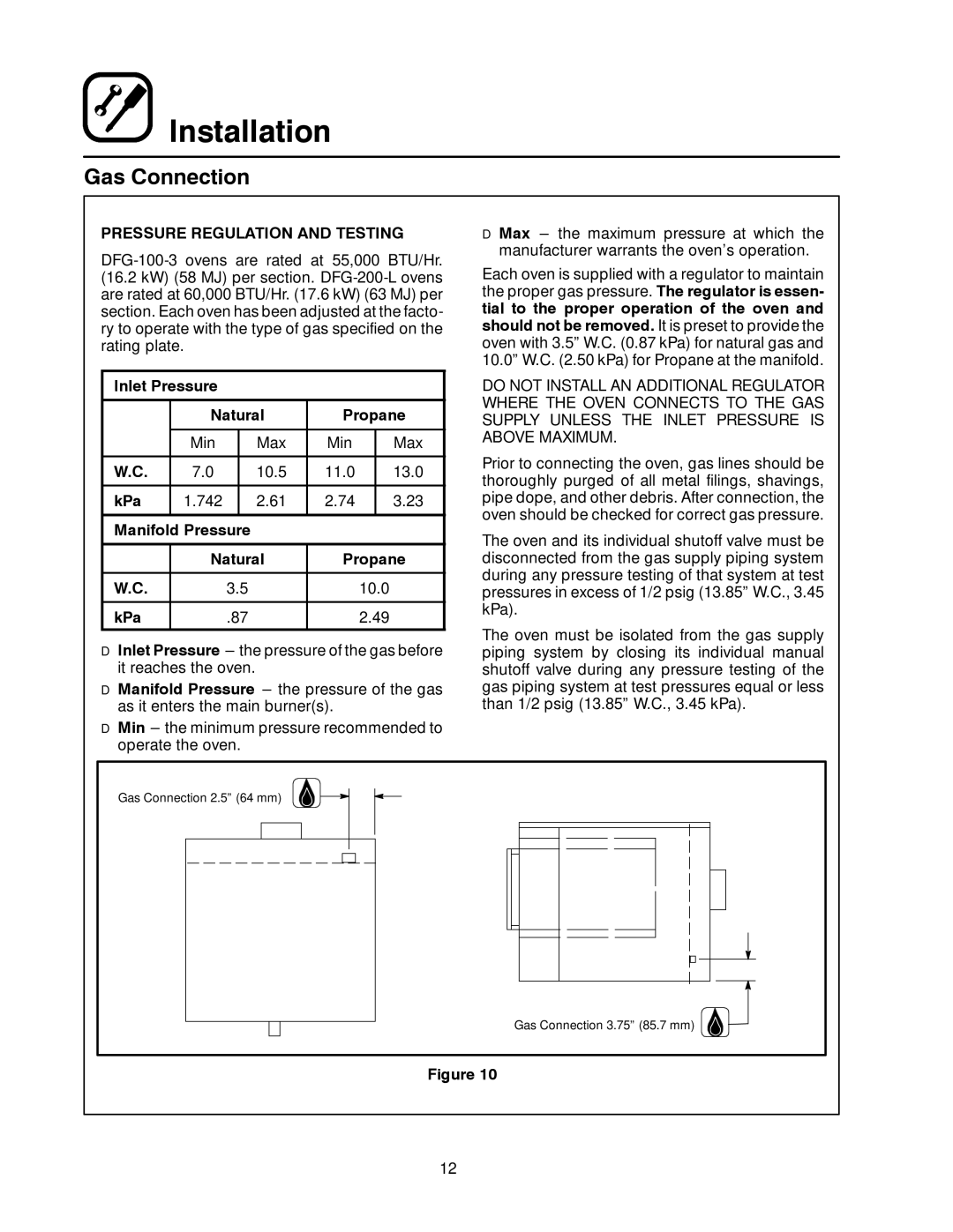 Blodgett DFG-200 Pressure Regulation and Testing, Inlet Pressure Natural Propane, KPa, Manifold Pressure Natural Propane 