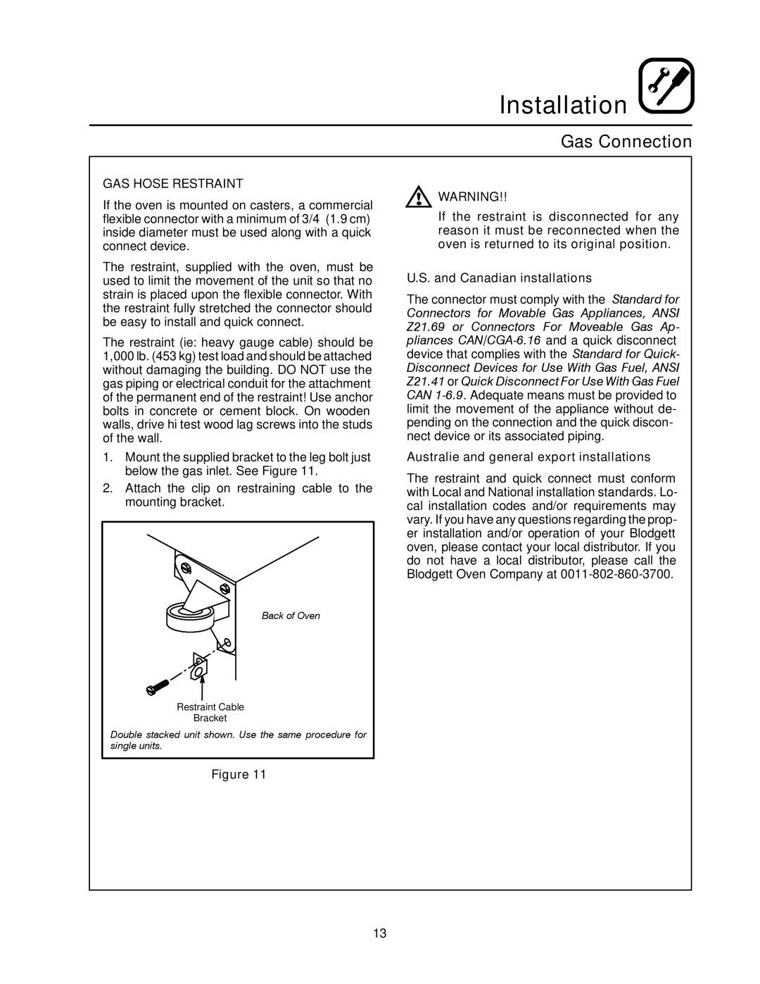 Blodgett DFG-100, DFG-200 manual GAS Hose Restraint, Australie and general export installations 