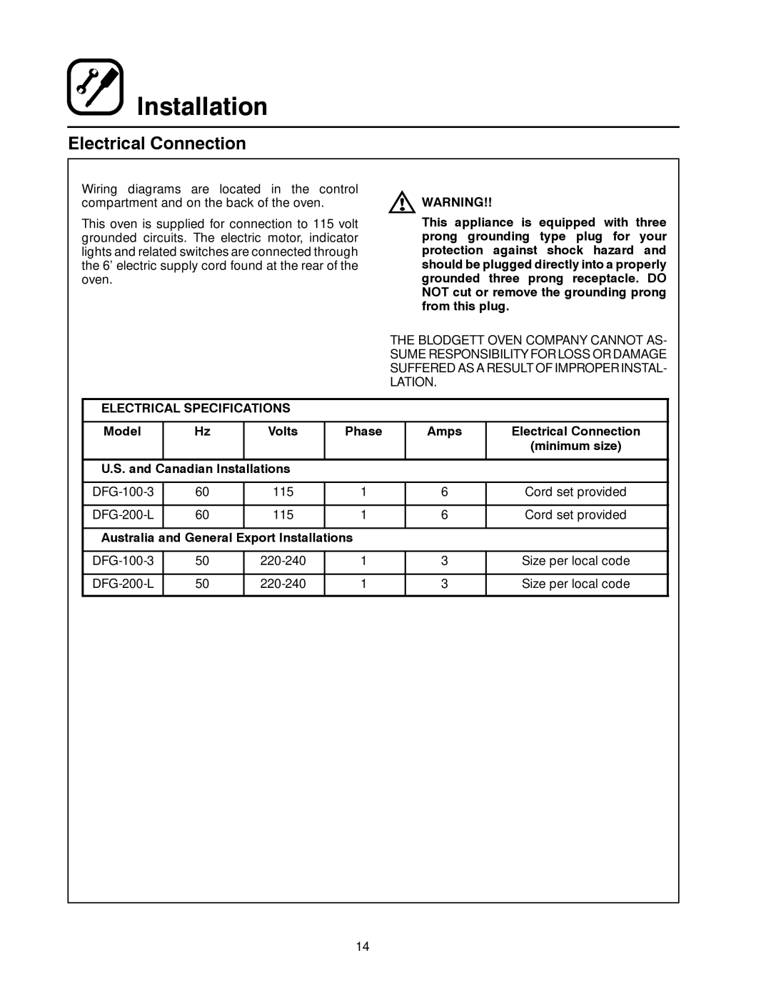 Blodgett DFG-200, DFG-100 manual Electrical Connection, Electrical Specifications 