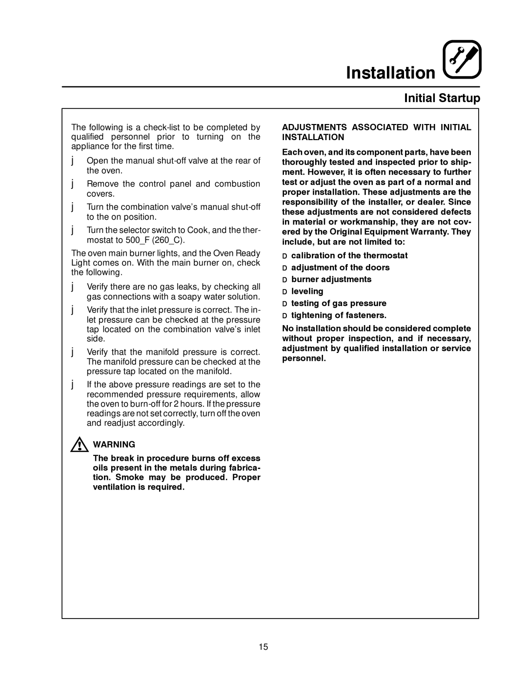 Blodgett DFG-100, DFG-200 manual Initial Startup, Adjustments Associated with Initial Installation 