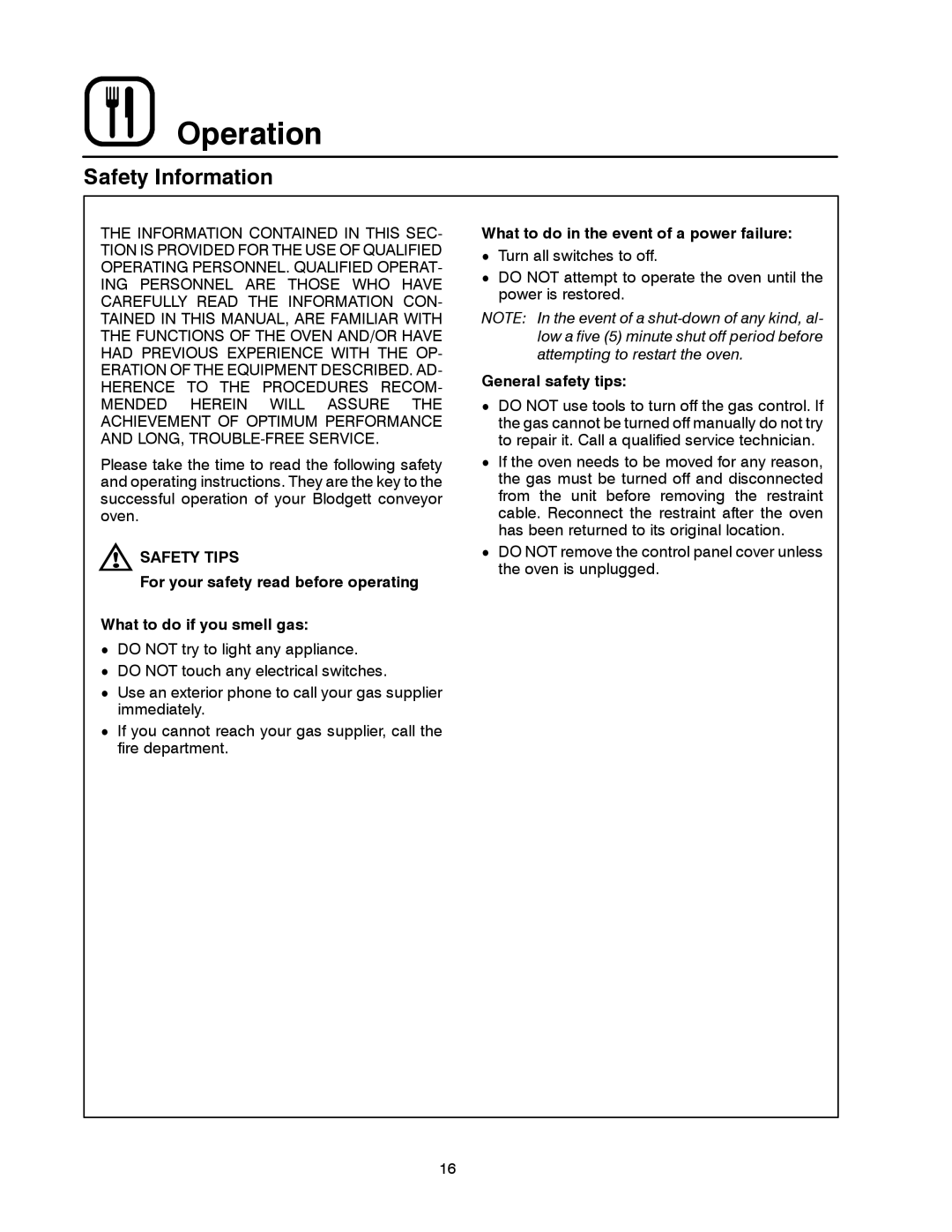 Blodgett DFG-200, DFG-100 Safety Information, Safety Tips, What to do in the event of a power failure, General safety tips 