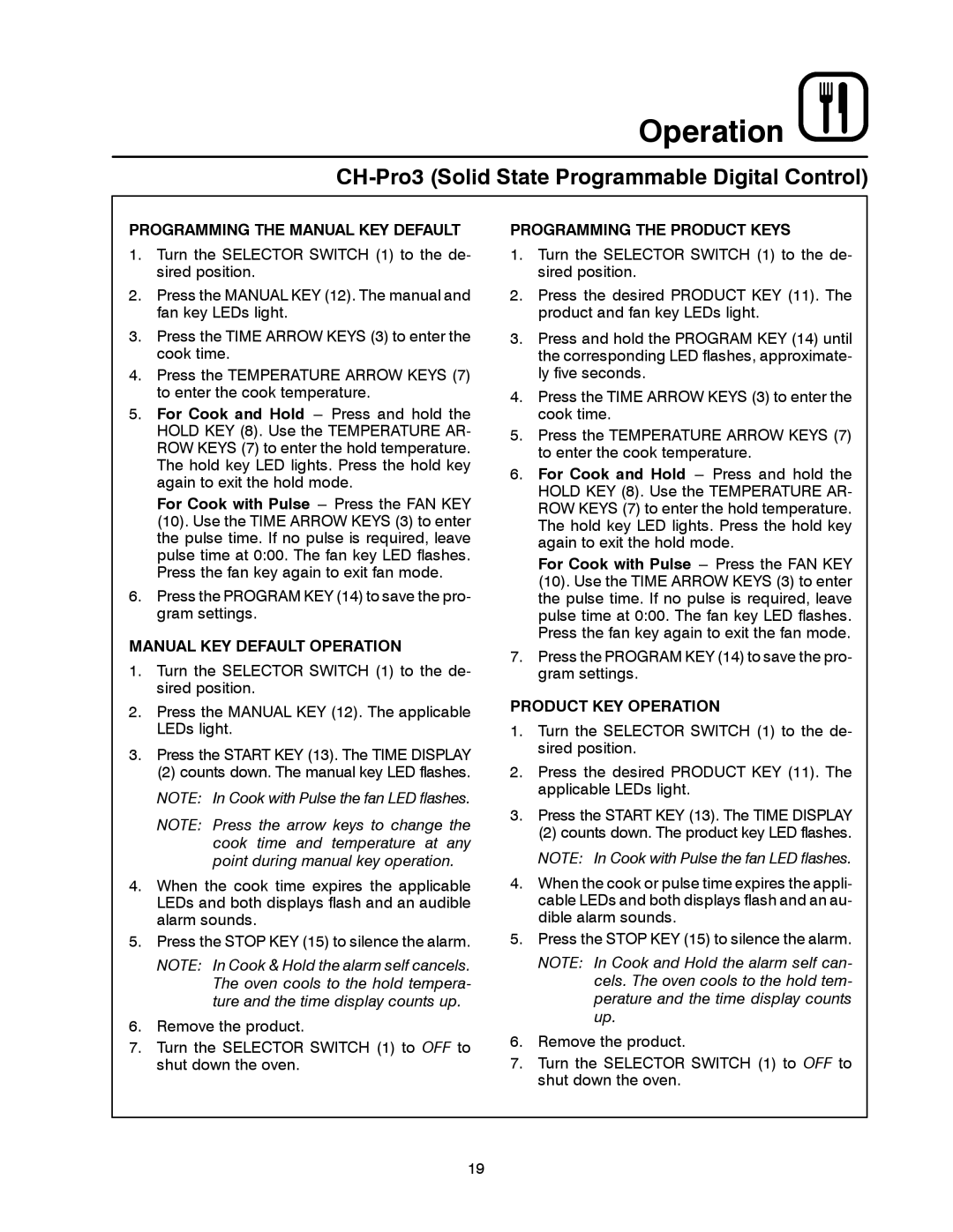 Blodgett DFG-100, DFG-200 Programming the Manual KEY Default, Manual KEY Default Operation, Programming the Product Keys 