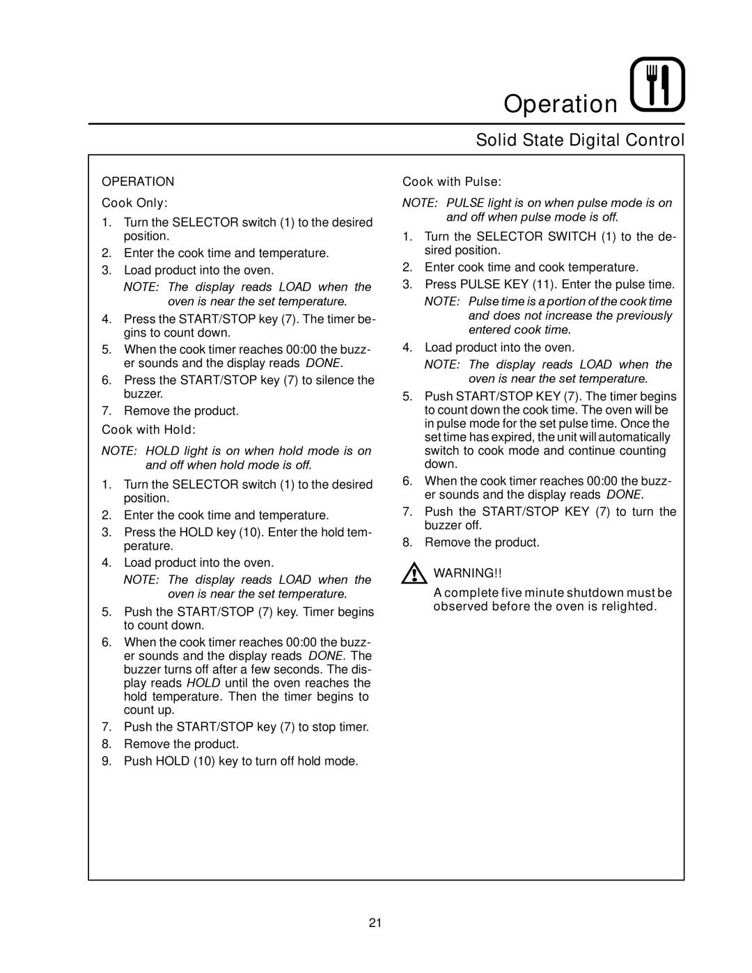 Blodgett DFG-100, DFG-200 manual Operation, Cook Only 