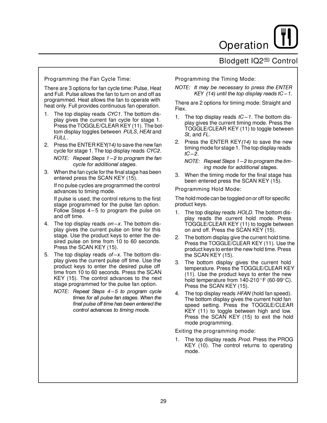 Blodgett DFG-100, DFG-200 manual Programming the Fan Cycle Time 