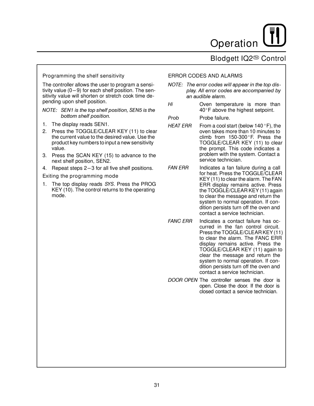 Blodgett DFG-100, DFG-200 manual Programming the shelf sensitivity, Error Codes and Alarms 