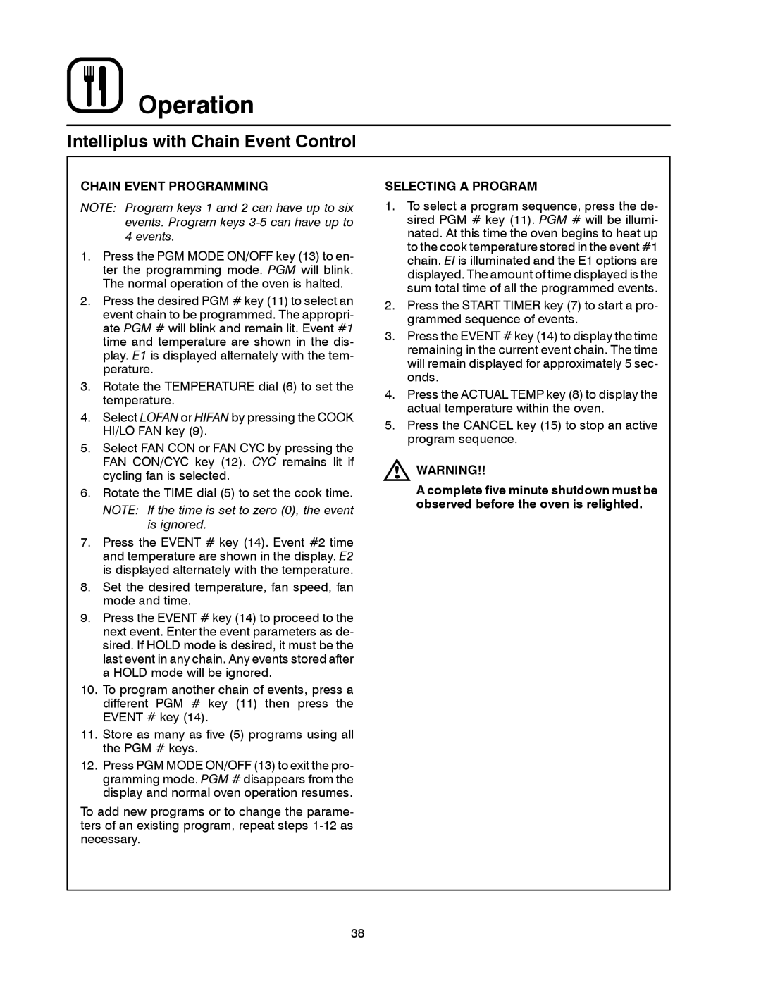 Blodgett DFG-200, DFG-100 manual Chain Event Programming, Selecting a Program 