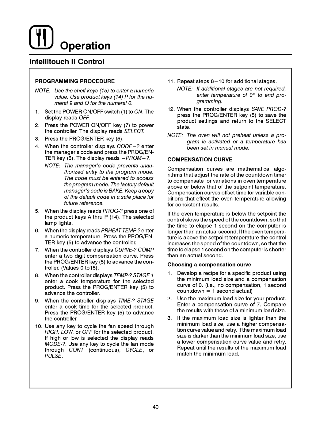 Blodgett DFG-200, DFG-100 manual Programming Procedure, Compensation Curve, Choosing a compensation curve 