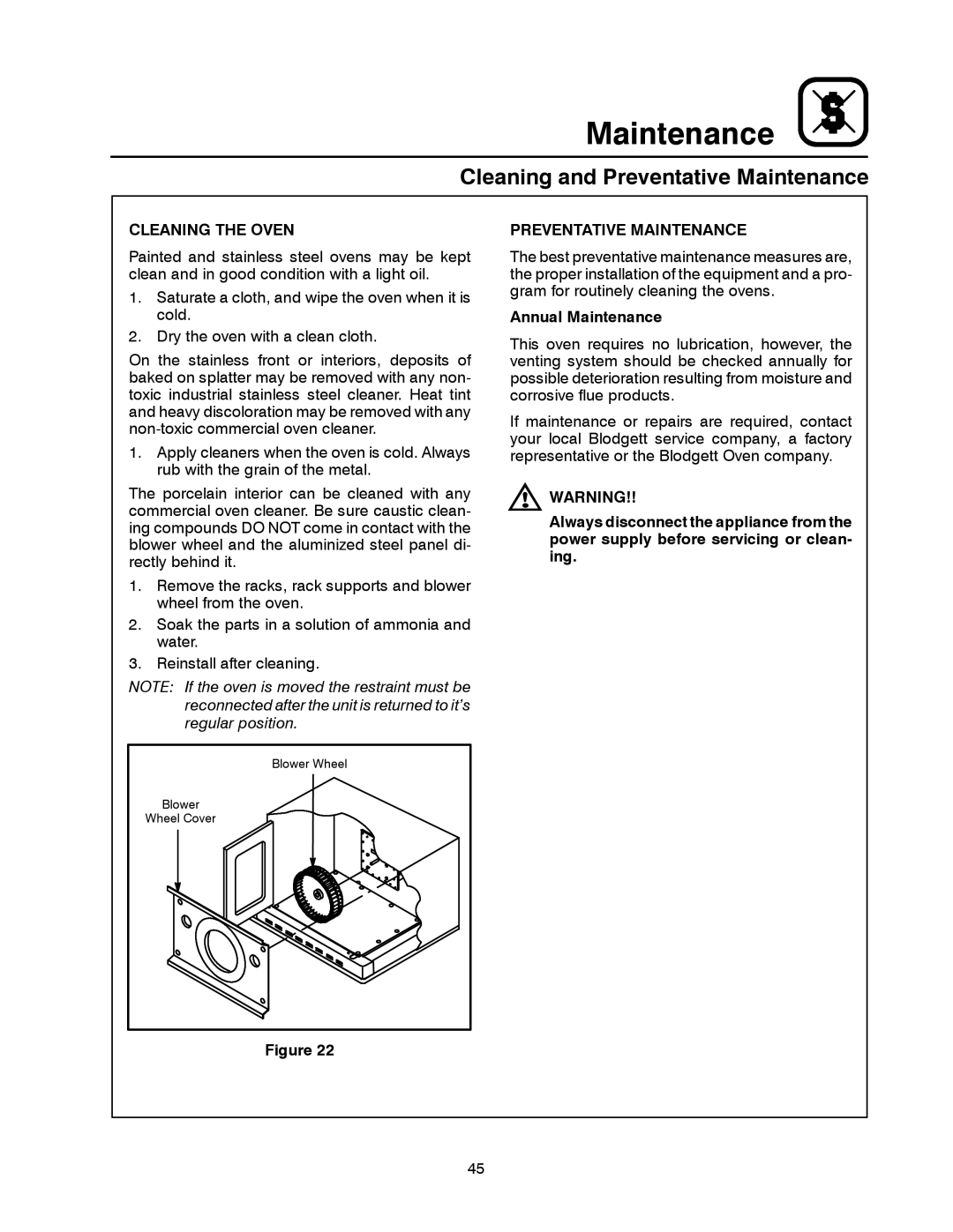 Blodgett DFG-100, DFG-200 manual Cleaning and Preventative Maintenance, Cleaning the Oven, Annual Maintenance 