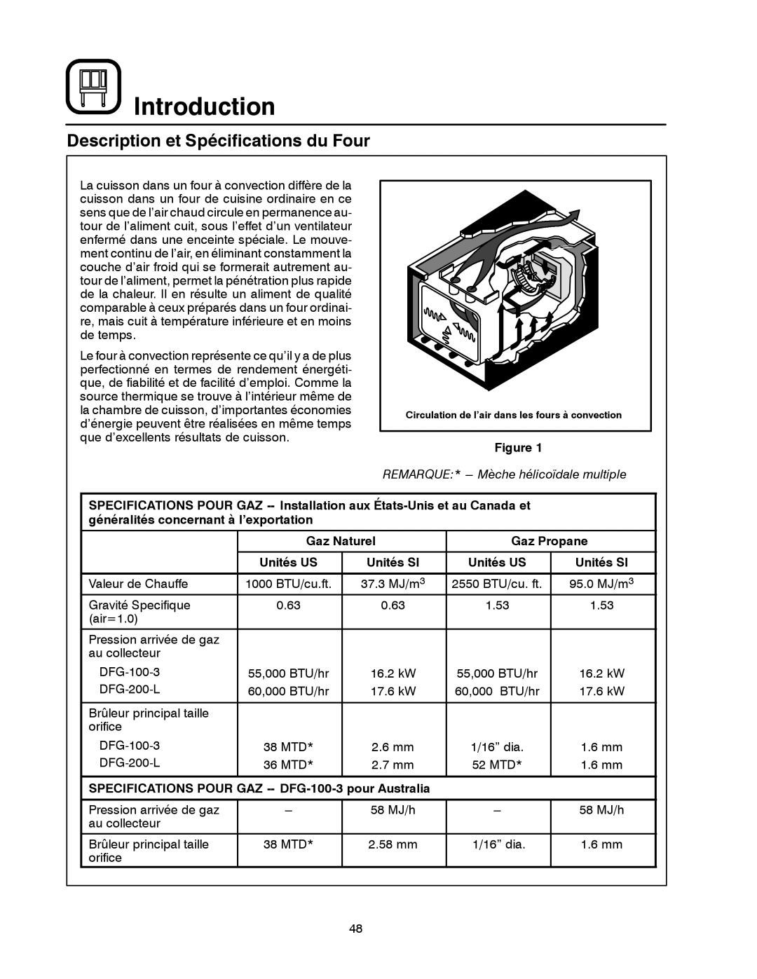 Blodgett DFG-200 manual Description et Spécifications du Four, Specifications Pour GAZ -- DFG-100-3 pour Australia 