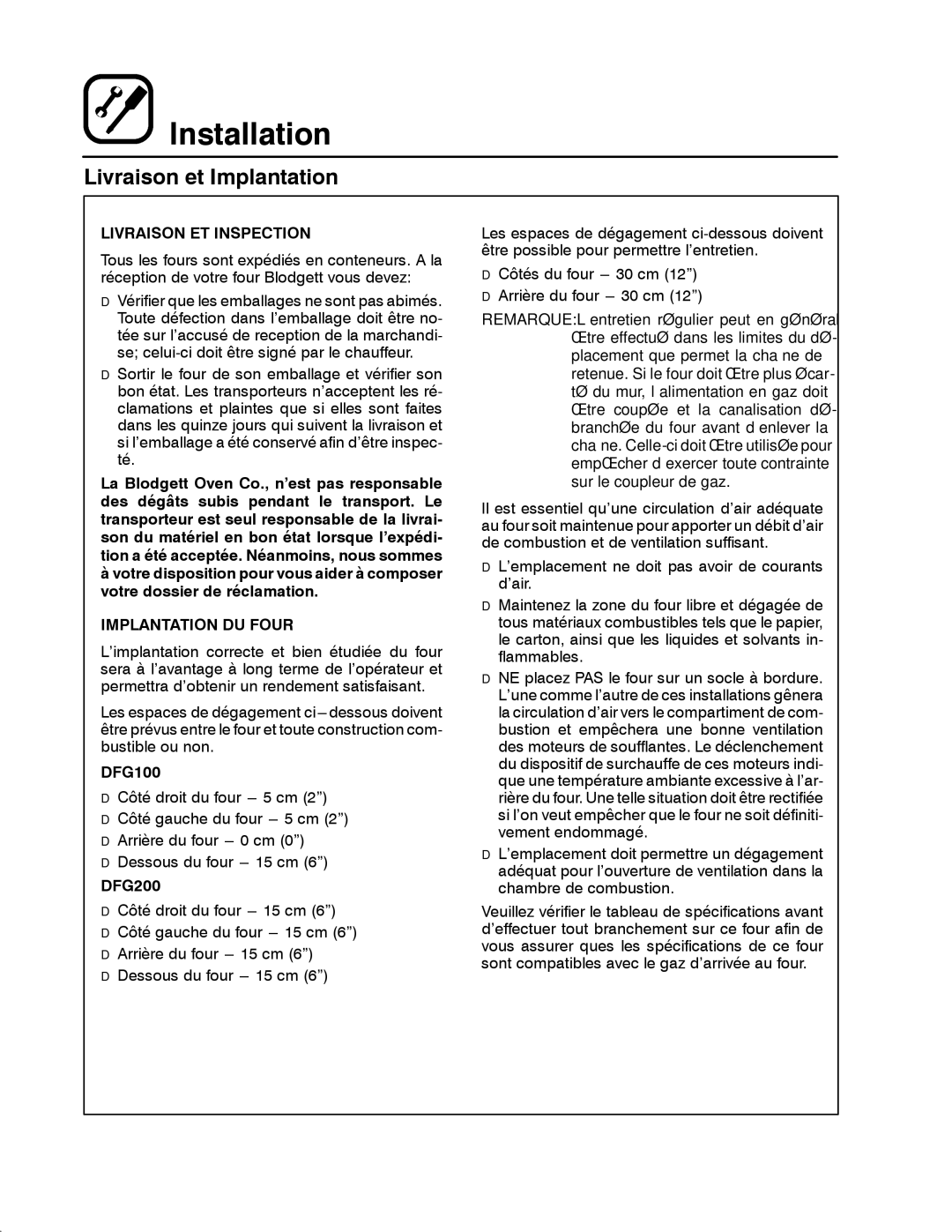 Blodgett DFG-200, DFG-100 manual Livraison et Implantation, Livraison ET Inspection, Implantation DU Four 