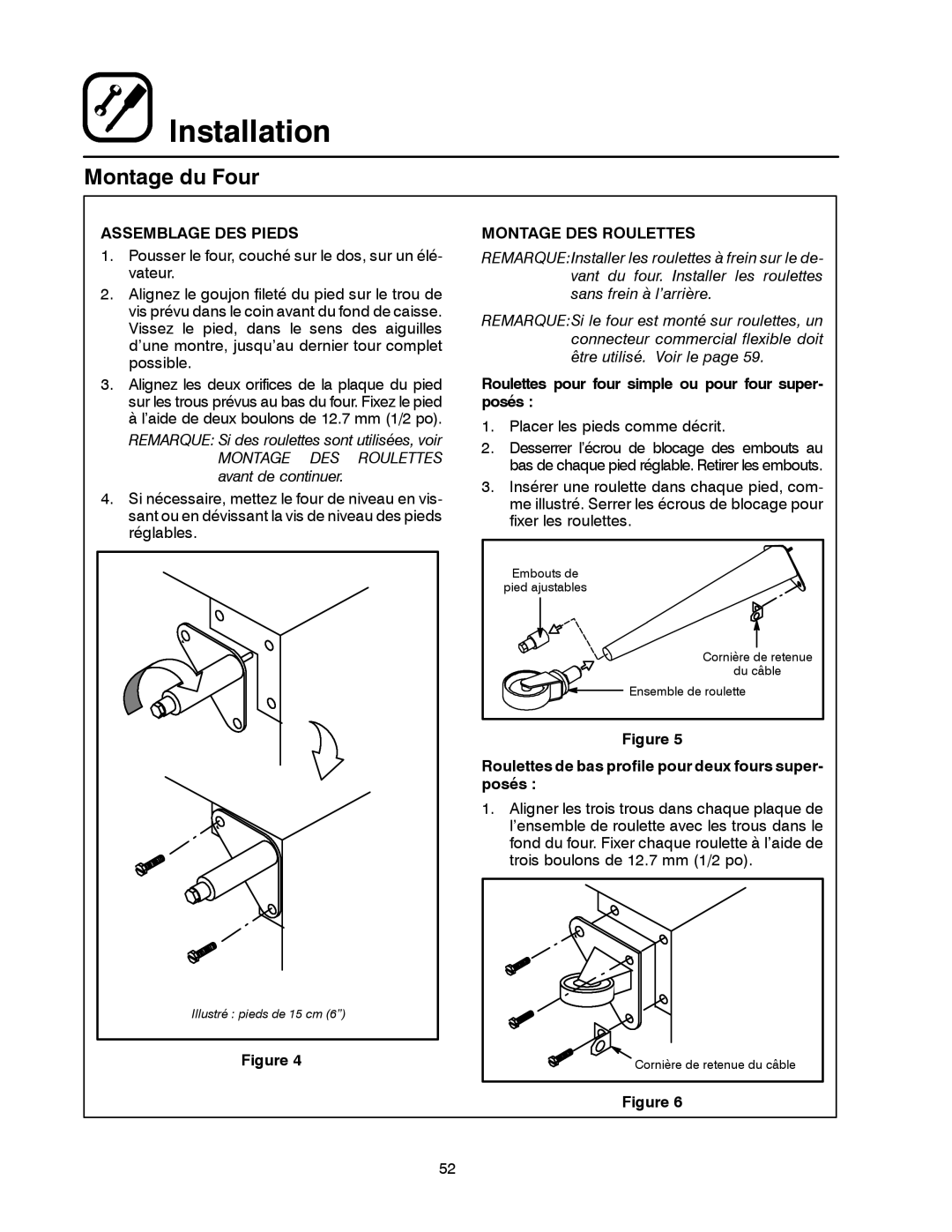 Blodgett DFG-200 manual Assemblage DES Pieds, Montage DES Roulettes, Roulettes pour four simple ou pour four super- posés 