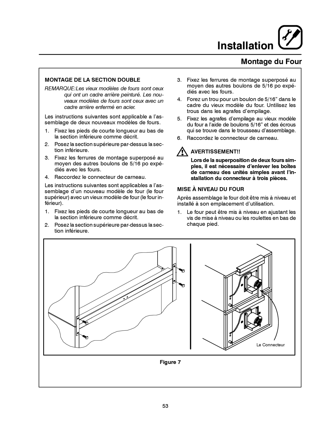 Blodgett DFG-100, DFG-200 manual Montage DE LA Section Double, Avertissement, Mise À Niveau DU Four 