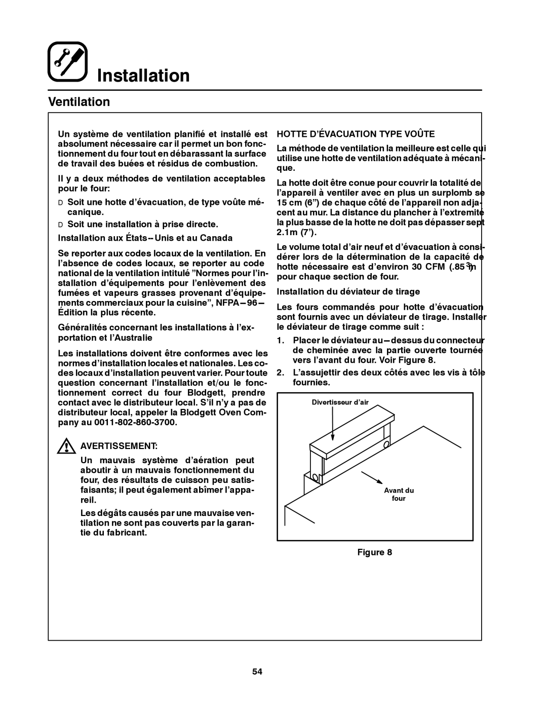 Blodgett DFG-200, DFG-100 manual Installation aux États-- Unis et au Canada, Hotte D’ÉVACUATION Type Voûte 