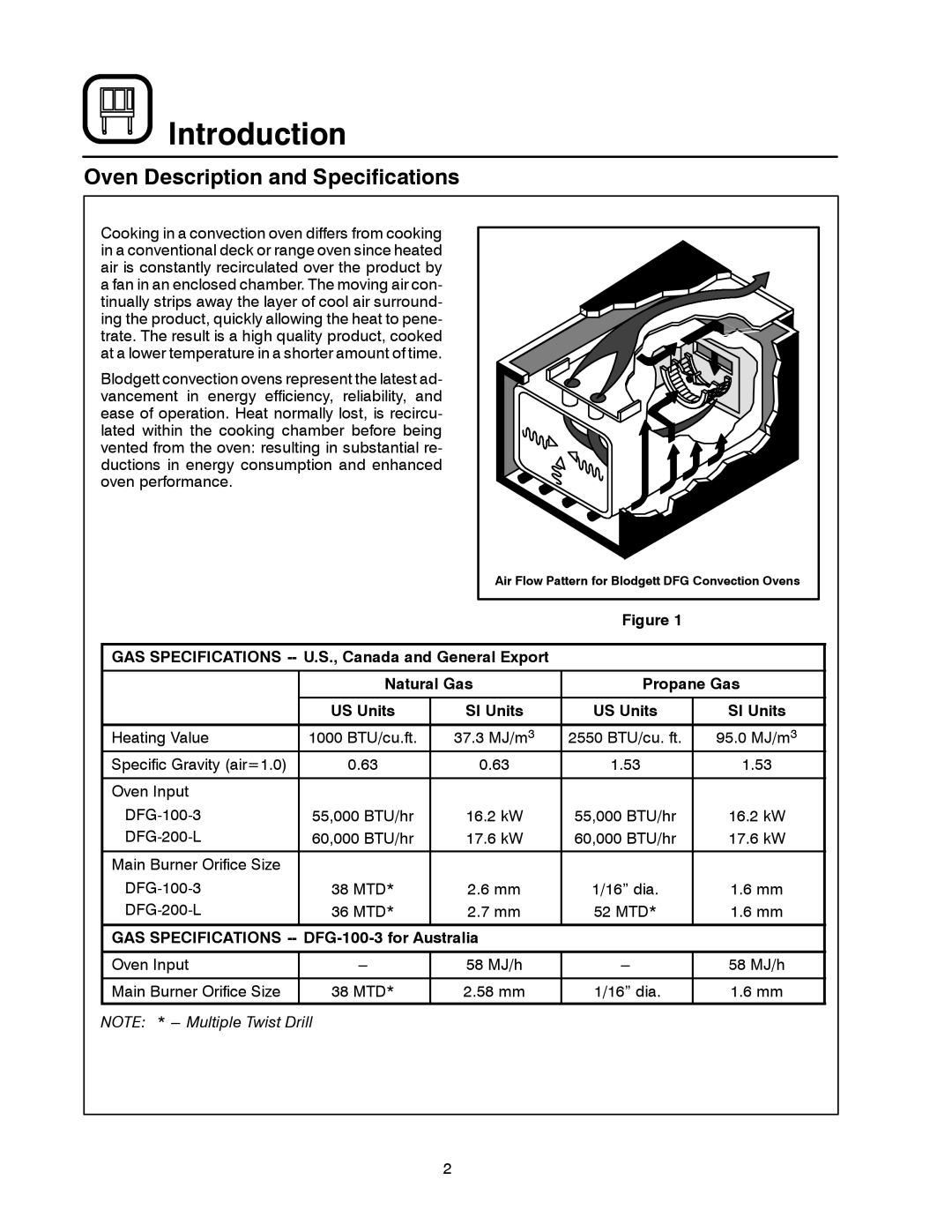 Blodgett DFG-200 manual Oven Description and Specifications, GAS Specifications -- DFG-100-3 for Australia 