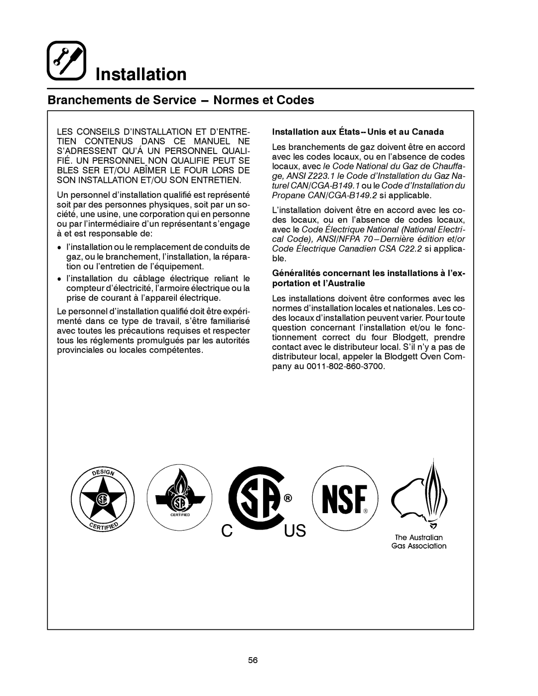 Blodgett DFG-200, DFG-100 manual Branchements de Service --- Normes et Codes 