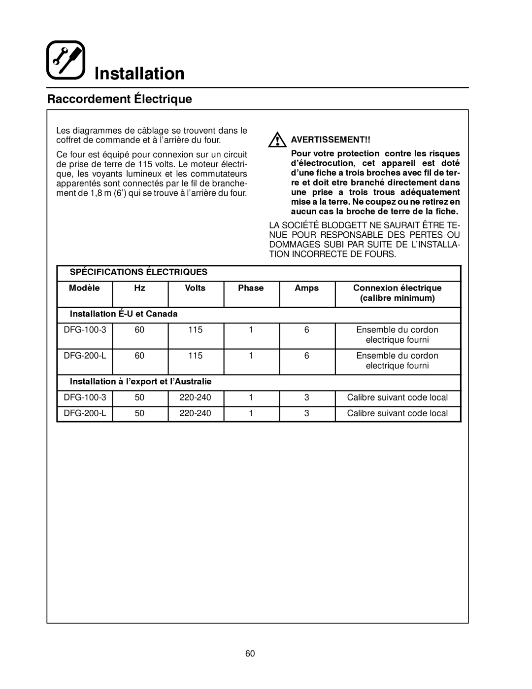 Blodgett DFG-200, DFG-100 manual Raccordement Électrique, Spécifications Électriques, Et Canada 