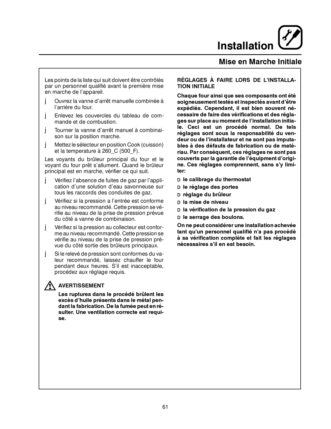 Blodgett DFG-100, DFG-200 manual Mise en Marche Initiale, Réglages À Faire Lors DE L’INSTALLA- Tion Initiale 