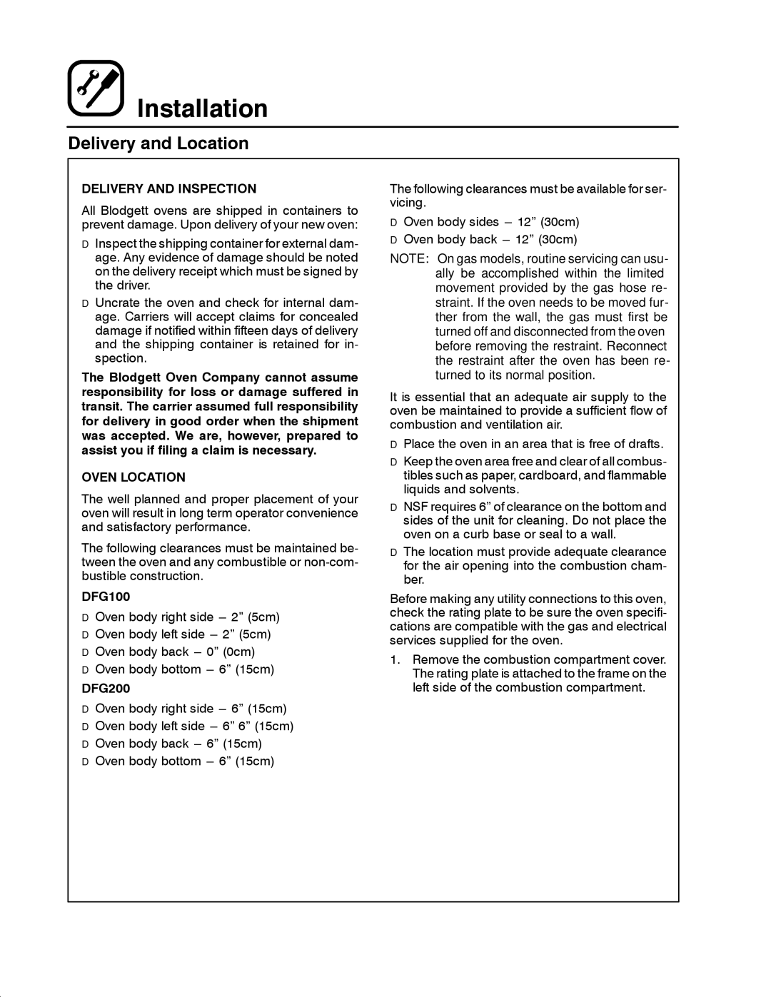 Blodgett DFG-200, DFG-100 manual Delivery and Location, Delivery and Inspection, Oven Location, DFG100, DFG200 