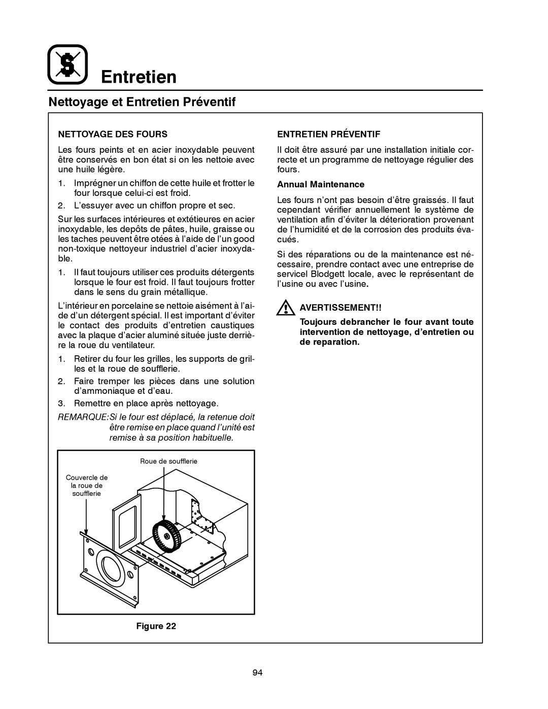 Blodgett DFG-200, DFG-100 manual Nettoyage et Entretien Préventif, Nettoyage DES Fours 