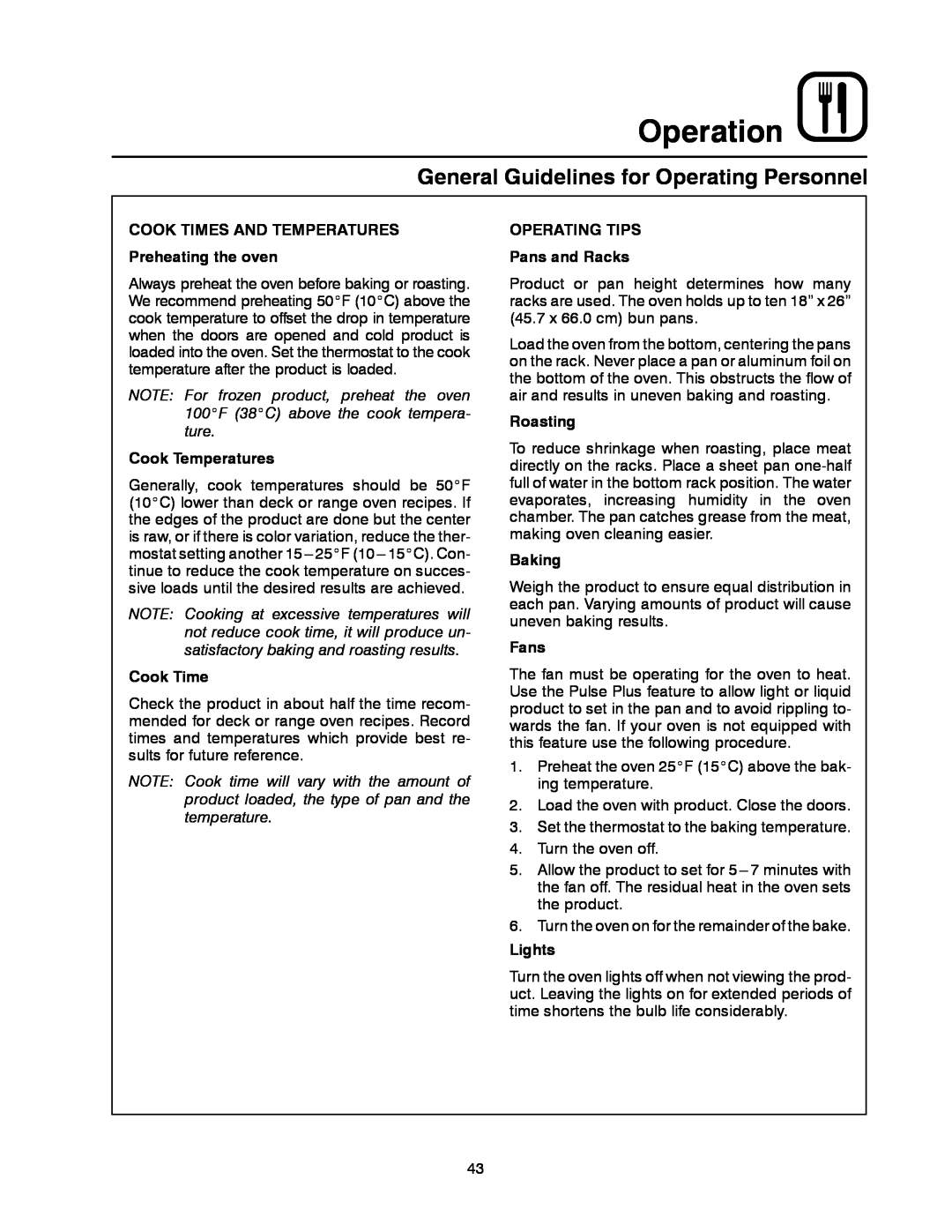 Blodgett DFG-100 General Guidelines for Operating Personnel, Operation, COOK TIMES AND TEMPERATURES Preheating the oven 