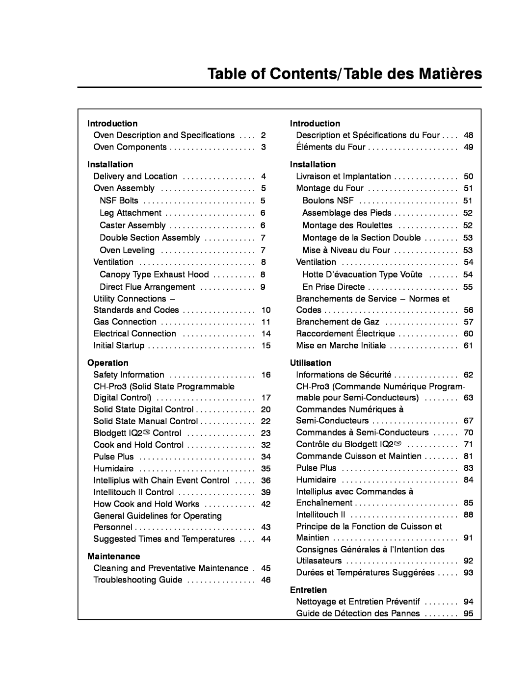 Blodgett DFG-100 Table of Contents/Table des Matières, Introduction, Installation, Operation, Maintenance, Utilisation 