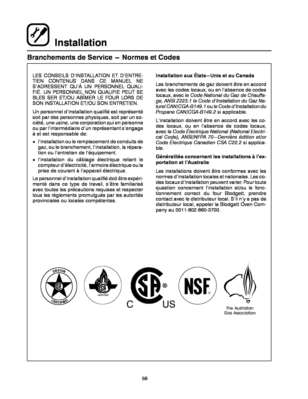Blodgett DFG-200, DFG-100 manual Branchements de Service --- Normes et Codes, Installation aux États-- Unis et au Canada 