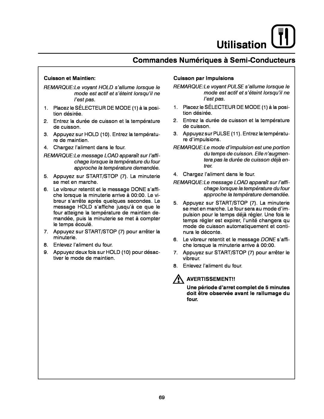 Blodgett DFG-100 manual Utilisation, Commandes Numériques à Semi-Conducteurs, Cuisson et Maintien, Cuisson par Impulsions 