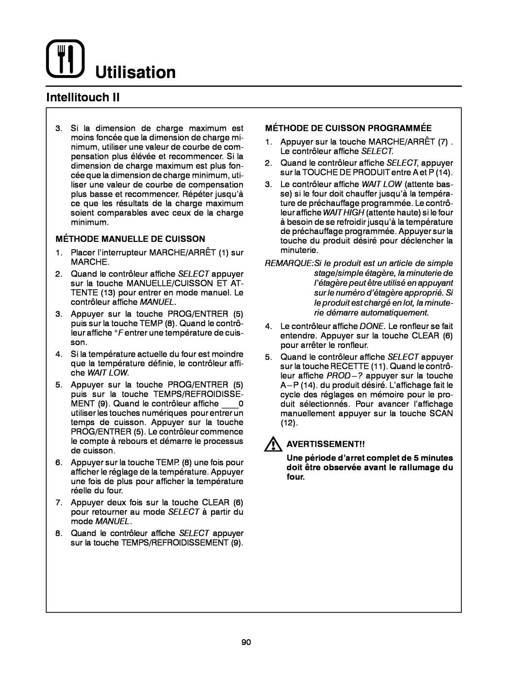 Blodgett DFG-200 Utilisation, Intellitouch, Méthode Manuelle De Cuisson, Méthode De Cuisson Programmée, Avertissement 