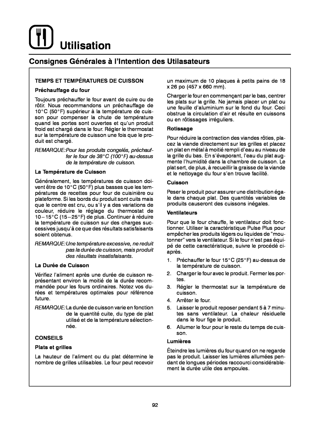 Blodgett DFG-200 Consignes Générales à l’Intention des Utilasateurs, Utilisation, La Température de Cuisson, Rotissage 