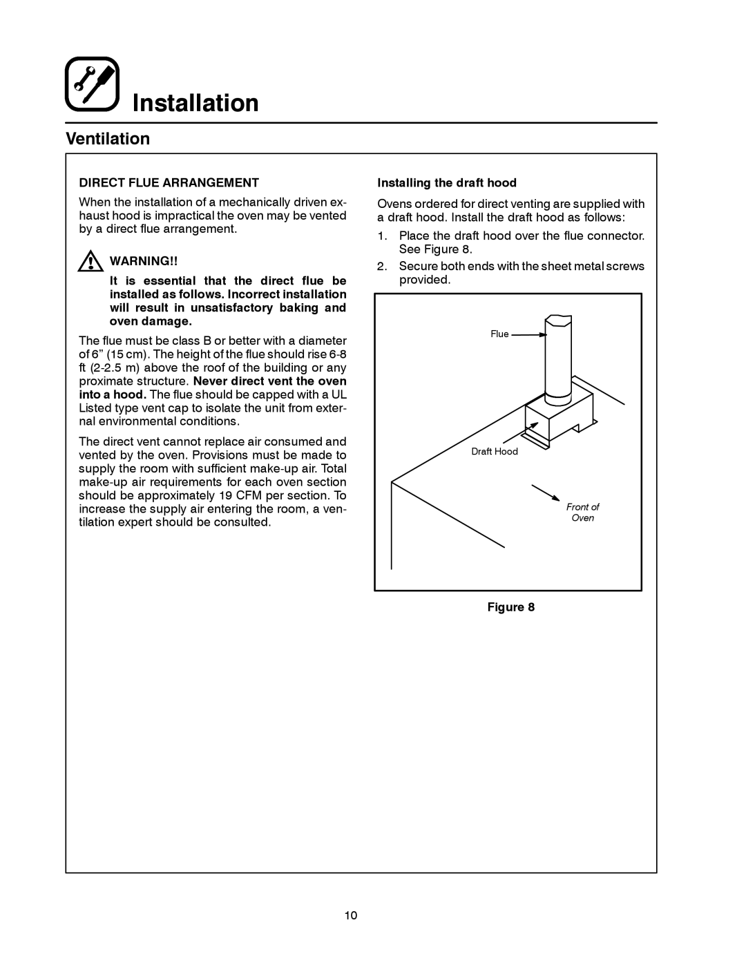 Blodgett DFG-50 manual Direct Flue Arrangement, Installing the draft hood 