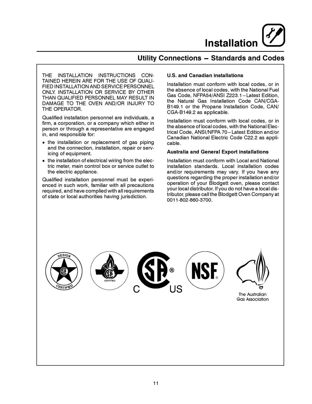 Blodgett DFG-50 manual Utility Connections --- Standards and Codes 