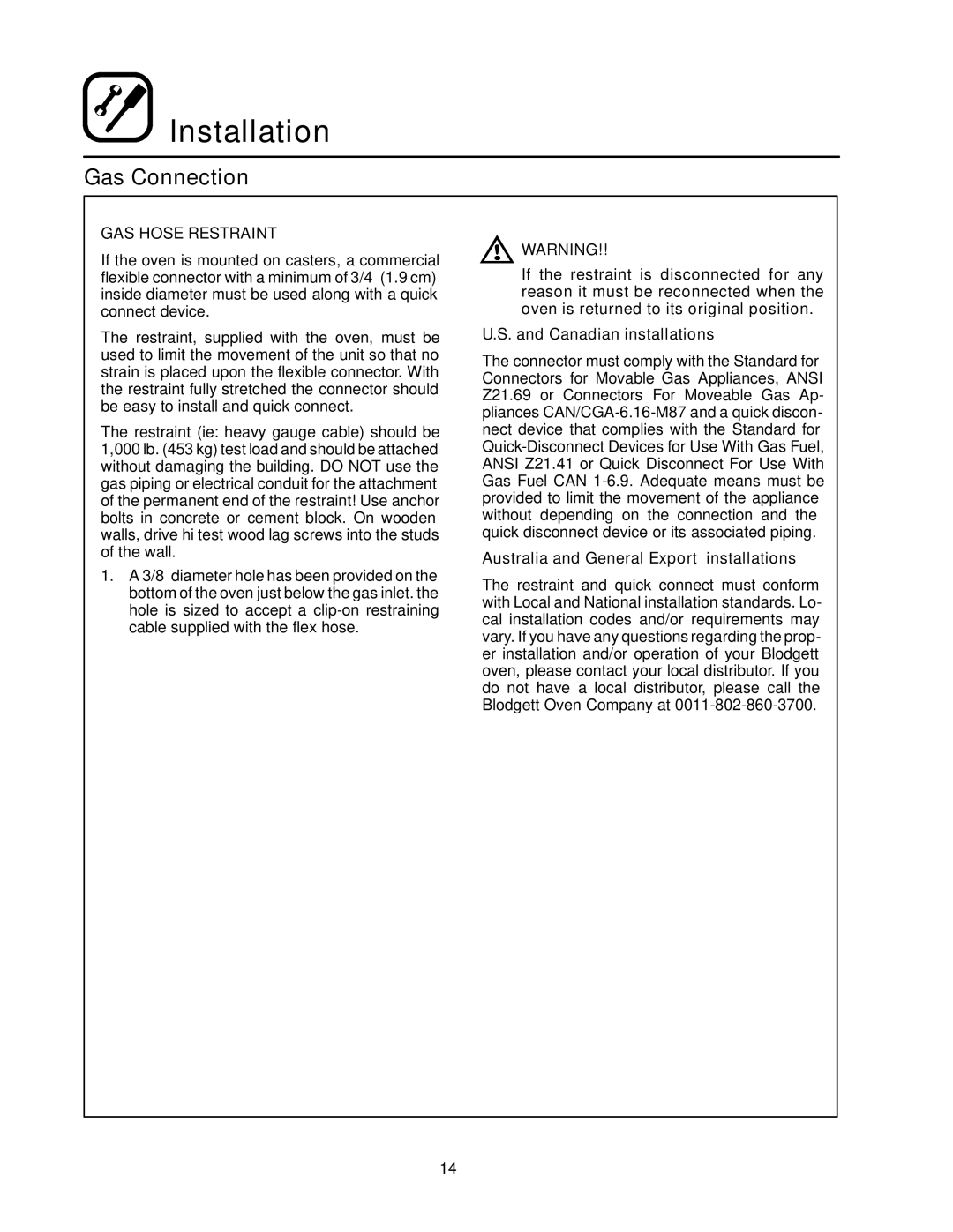 Blodgett DFG-50 manual GAS Hose Restraint, Australia and General Export installations 