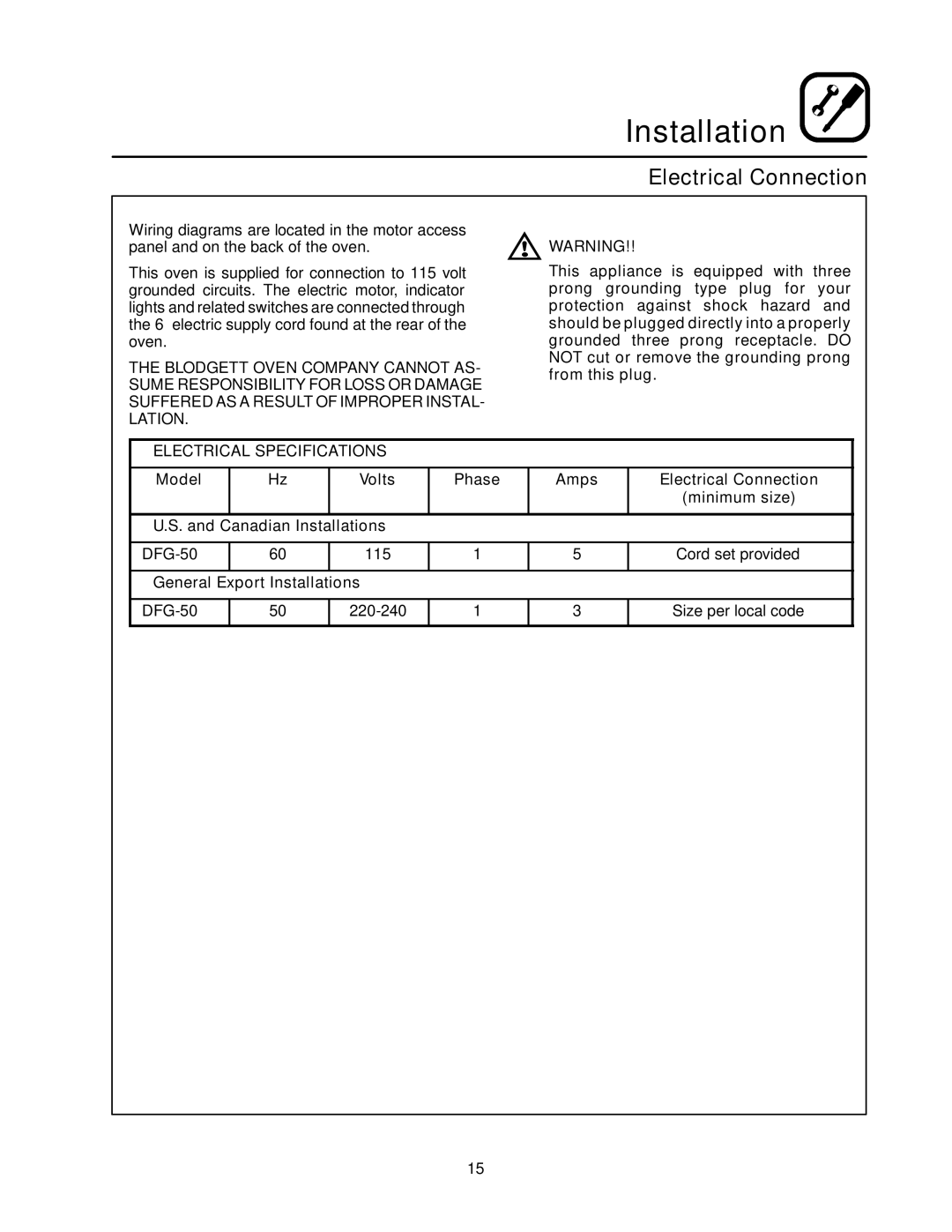 Blodgett DFG-50 manual Electrical Connection, Electrical Specifications, General Export Installations 