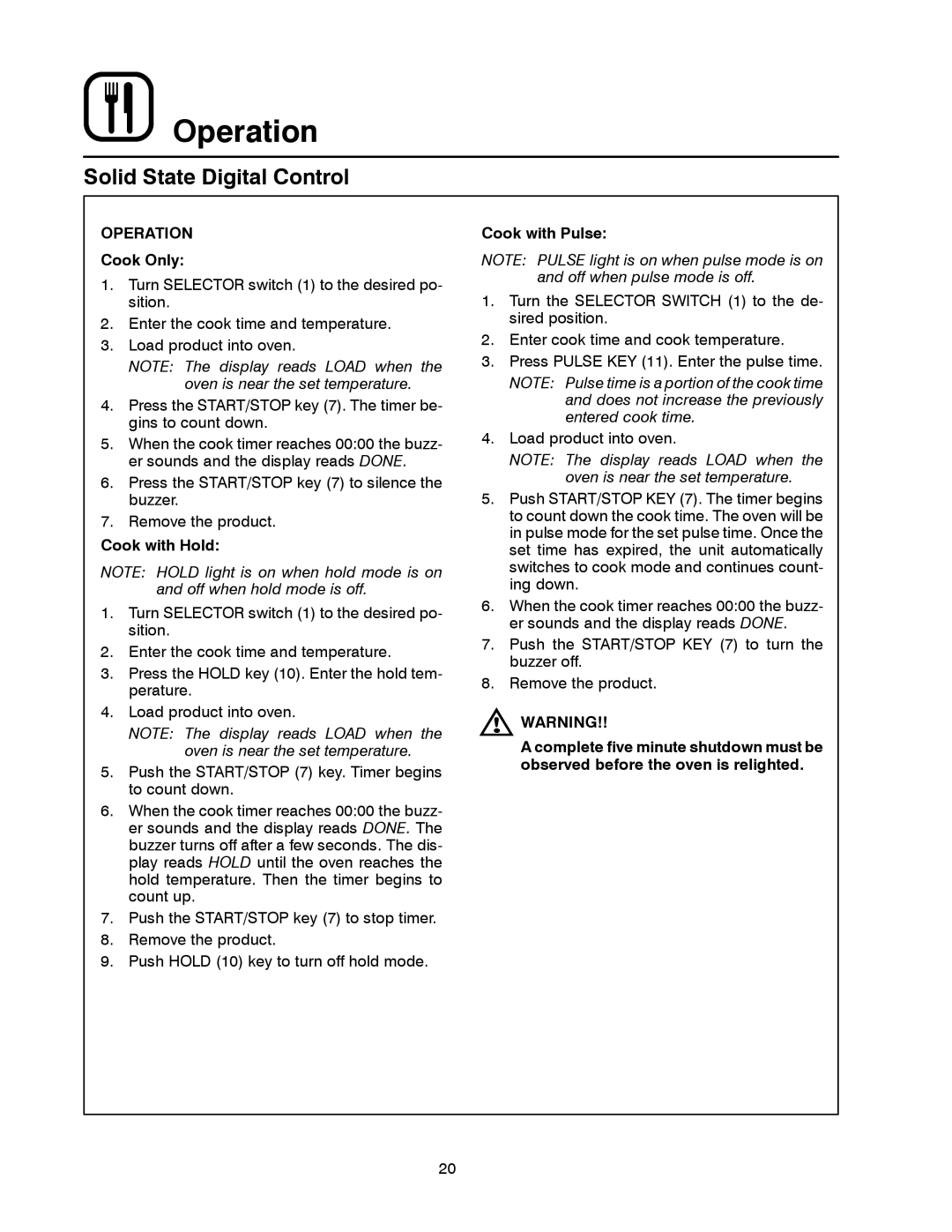 Blodgett DFG-50 manual Cook Only, Cook with Hold, Cook with Pulse 