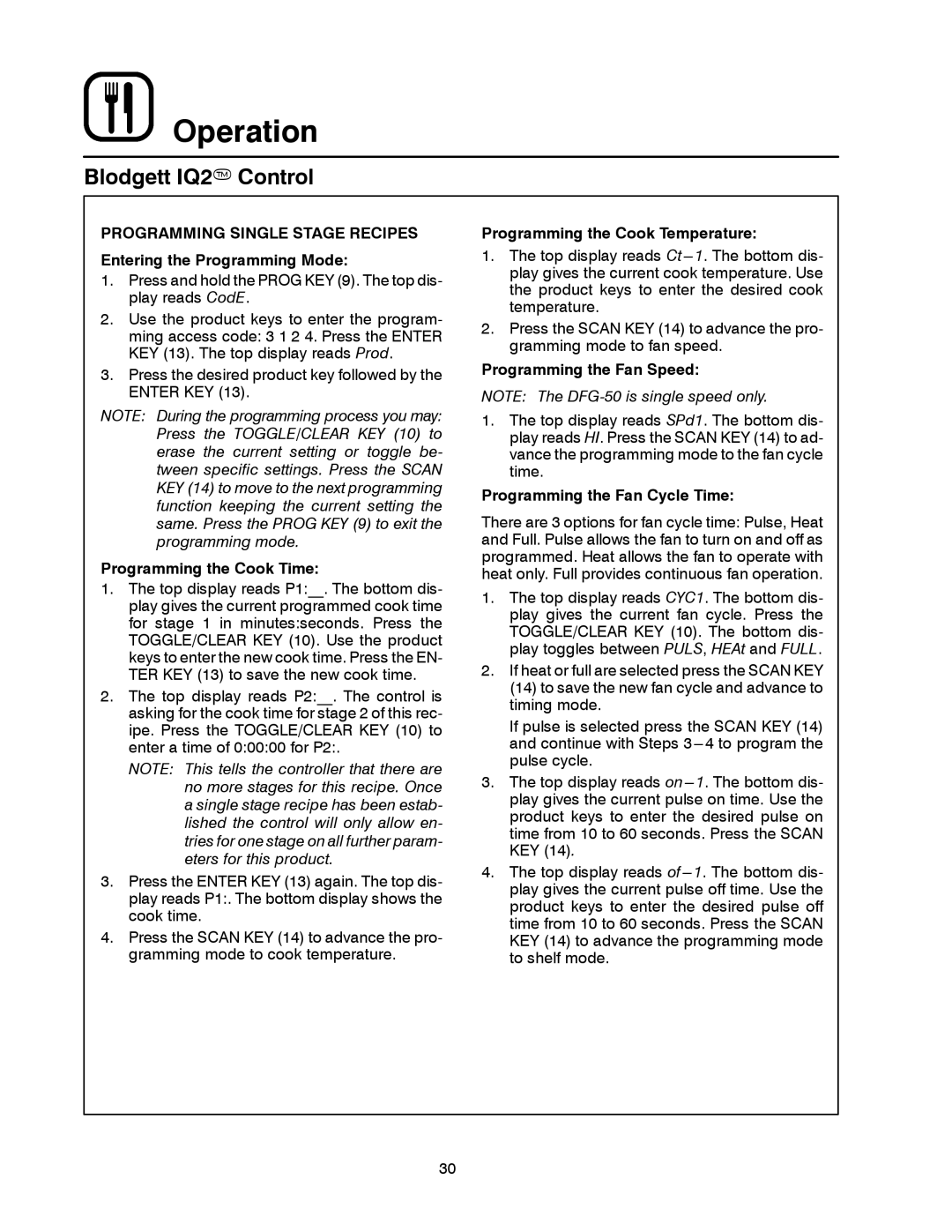 Blodgett DFG-50 manual Programming the Cook Time, Programming the Cook Temperature, Programming the Fan Speed 