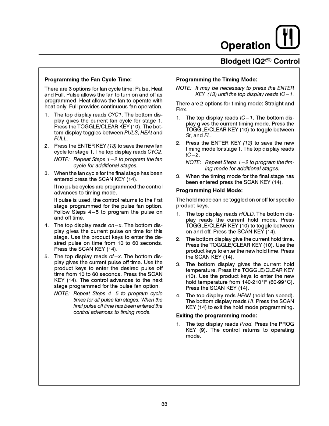 Blodgett DFG-50 manual Programming the Fan Cycle Time 