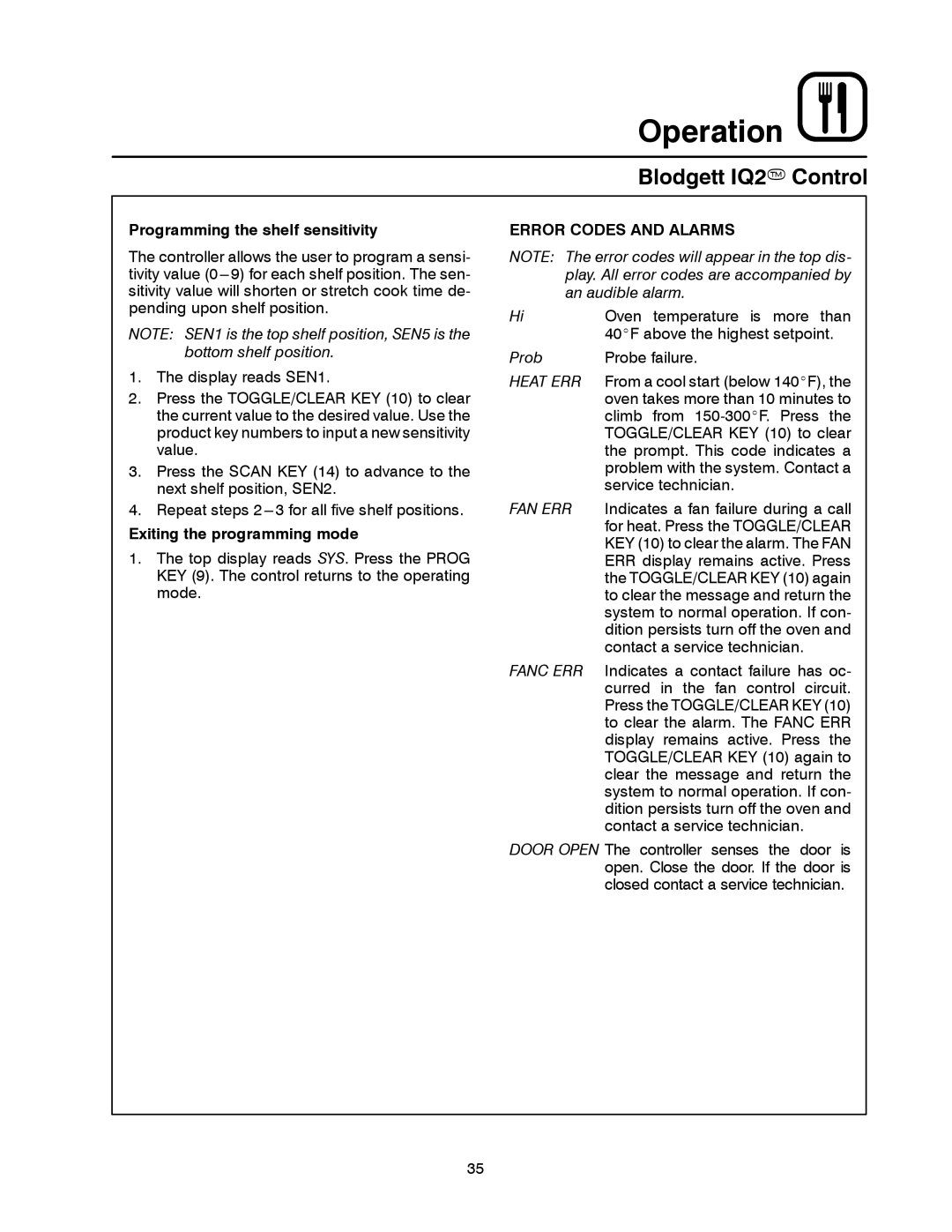 Blodgett DFG-50 manual Programming the shelf sensitivity, Error Codes and Alarms 