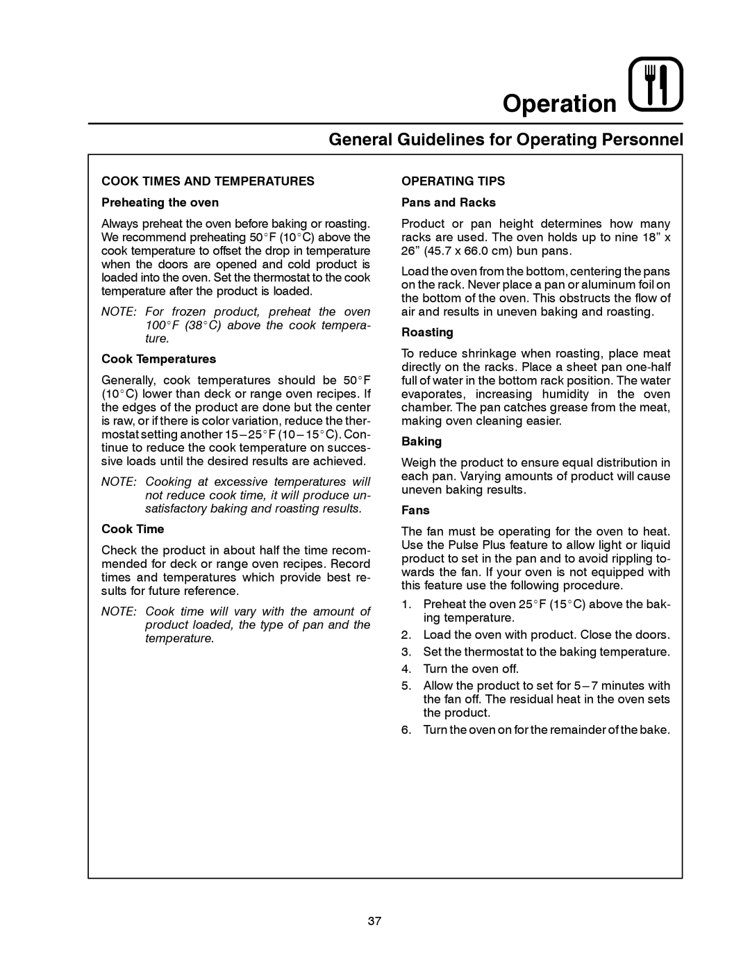 Blodgett DFG-50 manual General Guidelines for Operating Personnel, Operating Tips 