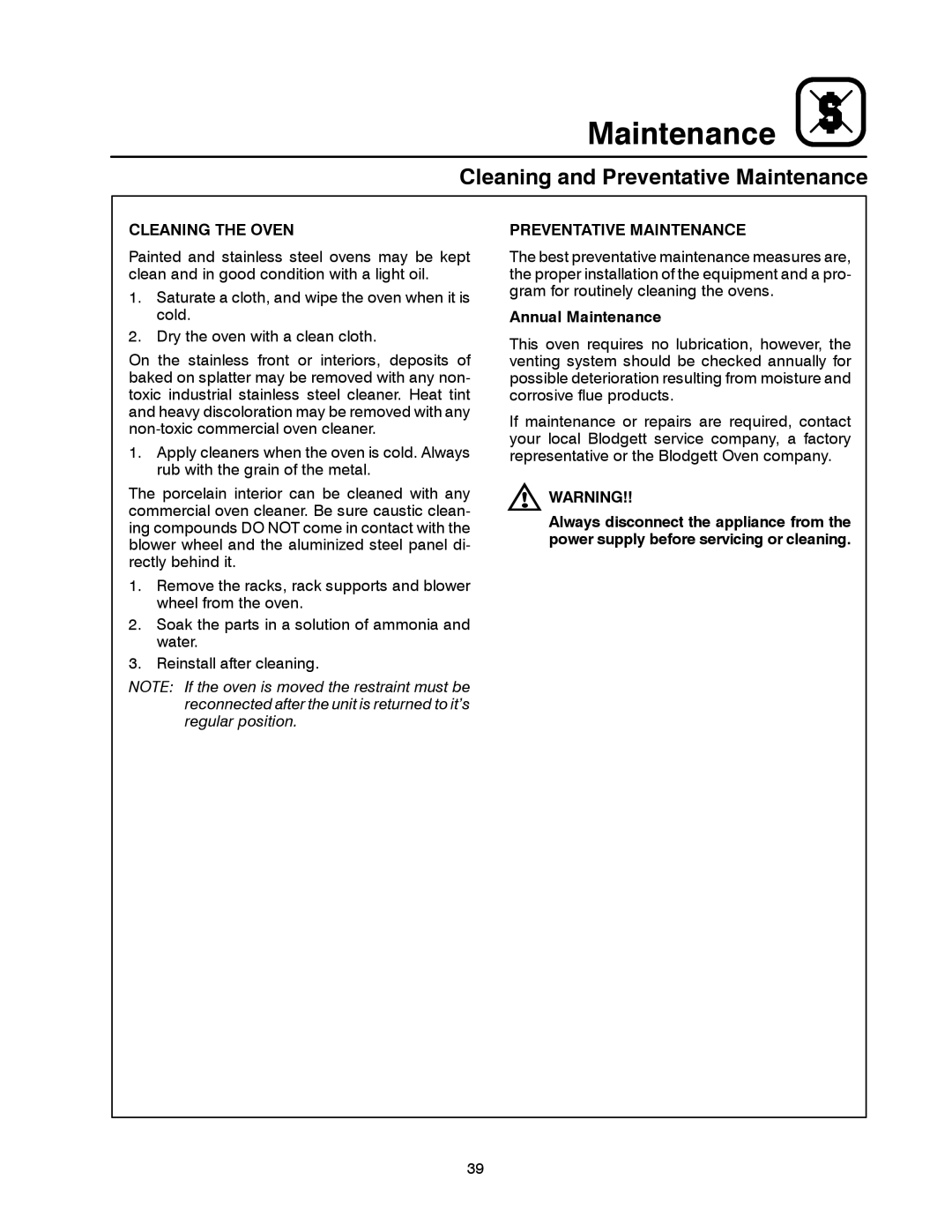 Blodgett DFG-50 manual Cleaning and Preventative Maintenance, Cleaning the Oven, Annual Maintenance 