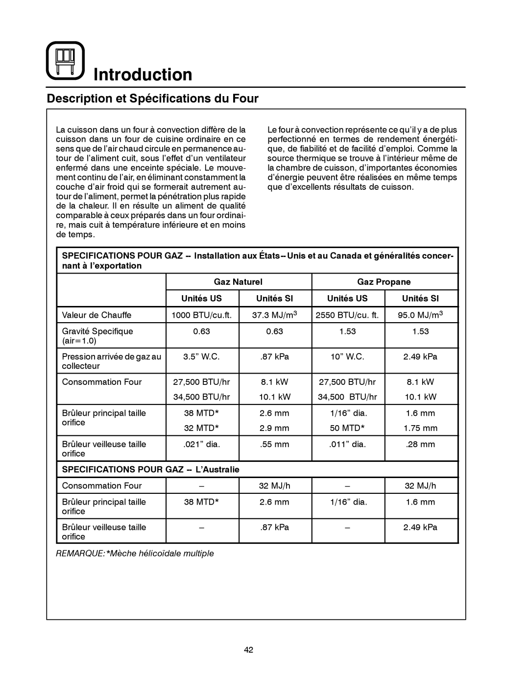 Blodgett DFG-50 manual Description et Spécifications du Four, Specifications Pour GAZ -- L’Australie 