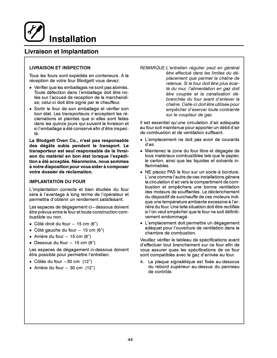 Blodgett DFG-50 manual Livraison et Implantation, Livraison ET Inspection, Implantation DU Four 