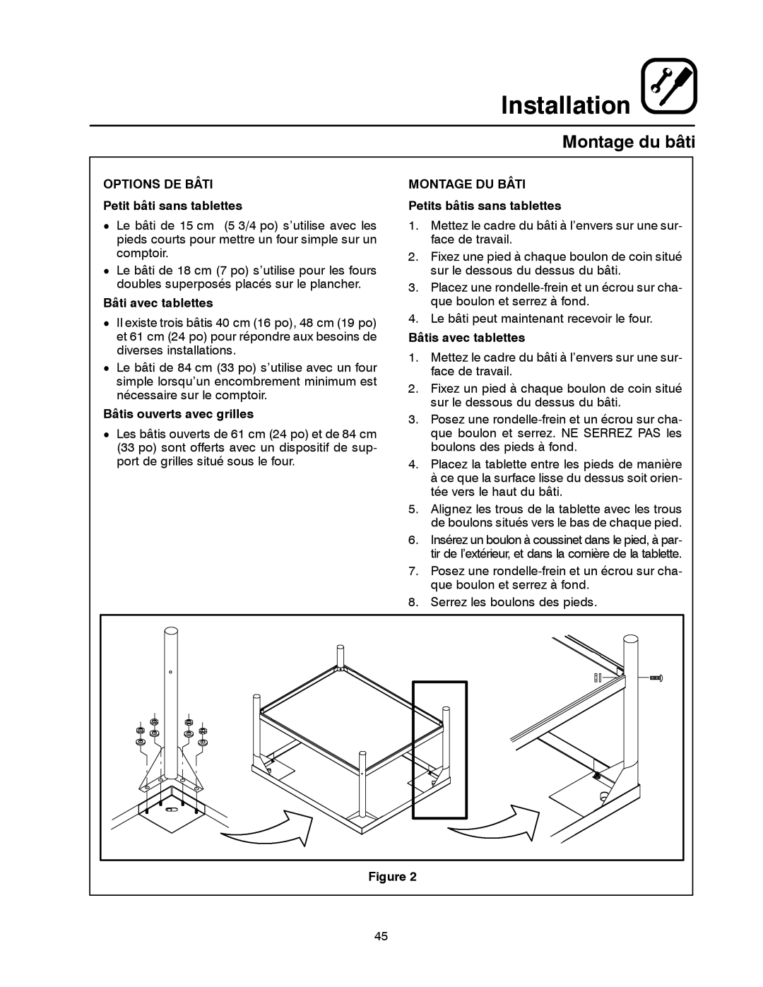 Blodgett DFG-50 manual Montage du bâti, Options DE Bâti, Montage DU Bâti 