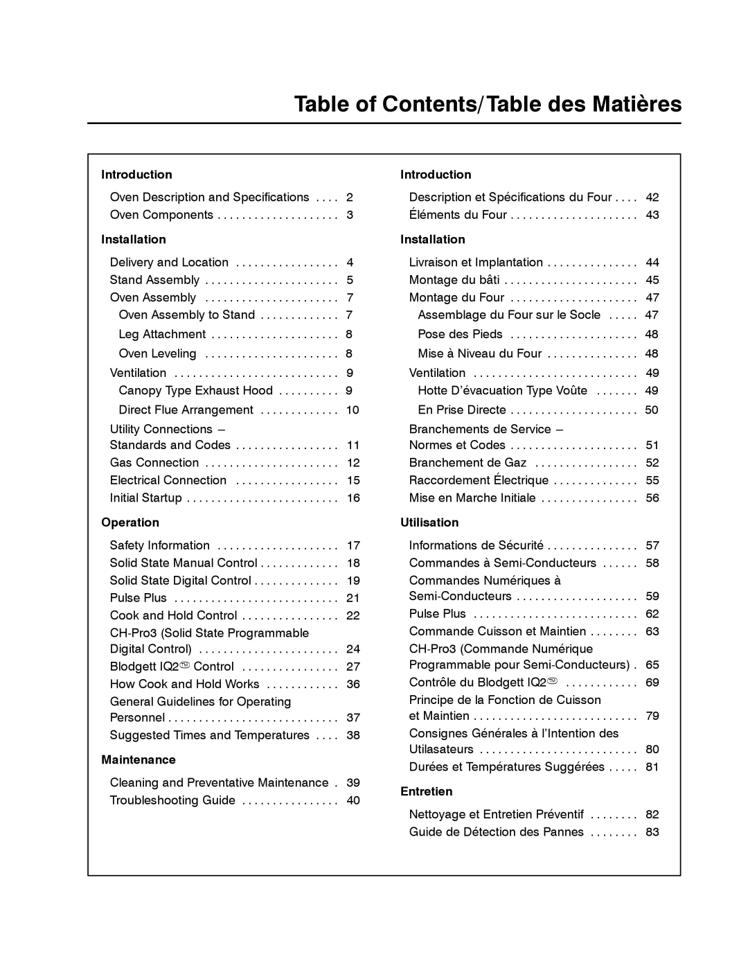 Blodgett DFG-50 manual Table of Contents/Table des Matières 