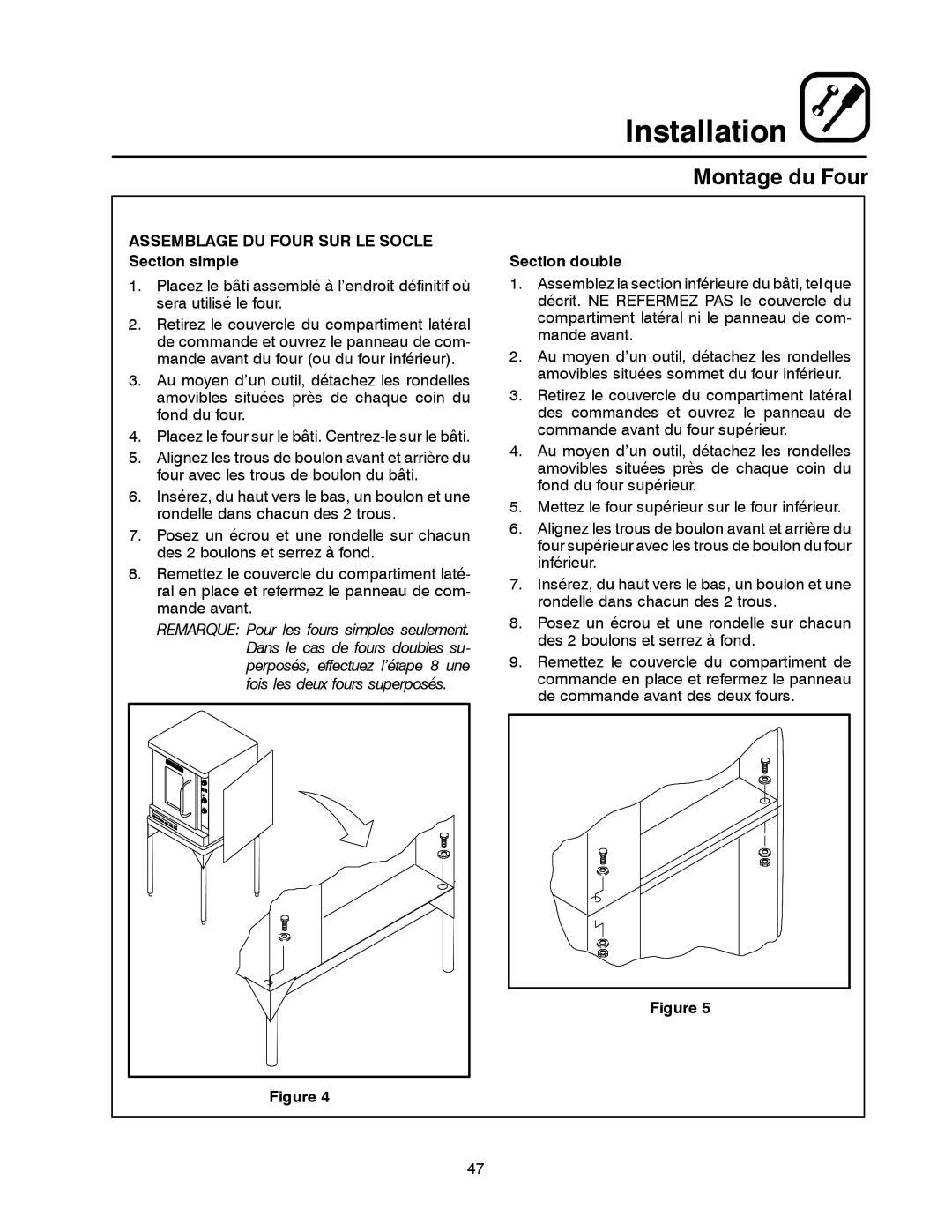 Blodgett DFG-50 manual Montage du Four, Assemblage DU Four SUR LE Socle Section simple, Section double 