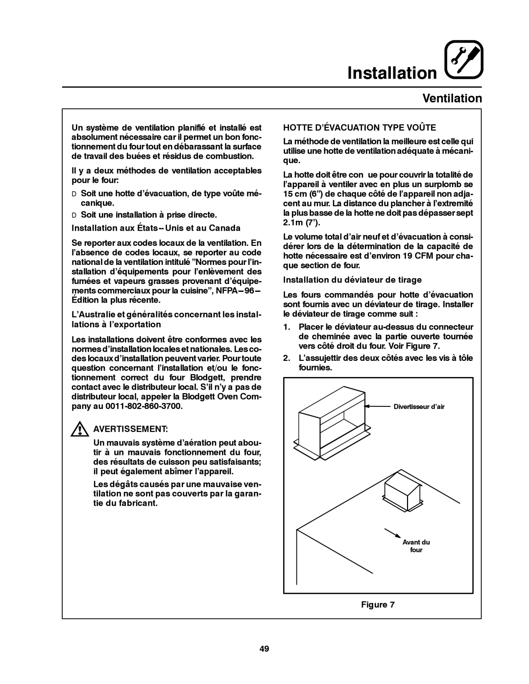 Blodgett DFG-50 manual Installation aux États-- Unis et au Canada, Avertissement, Hotte D’ÉVACUATION Type Voûte 